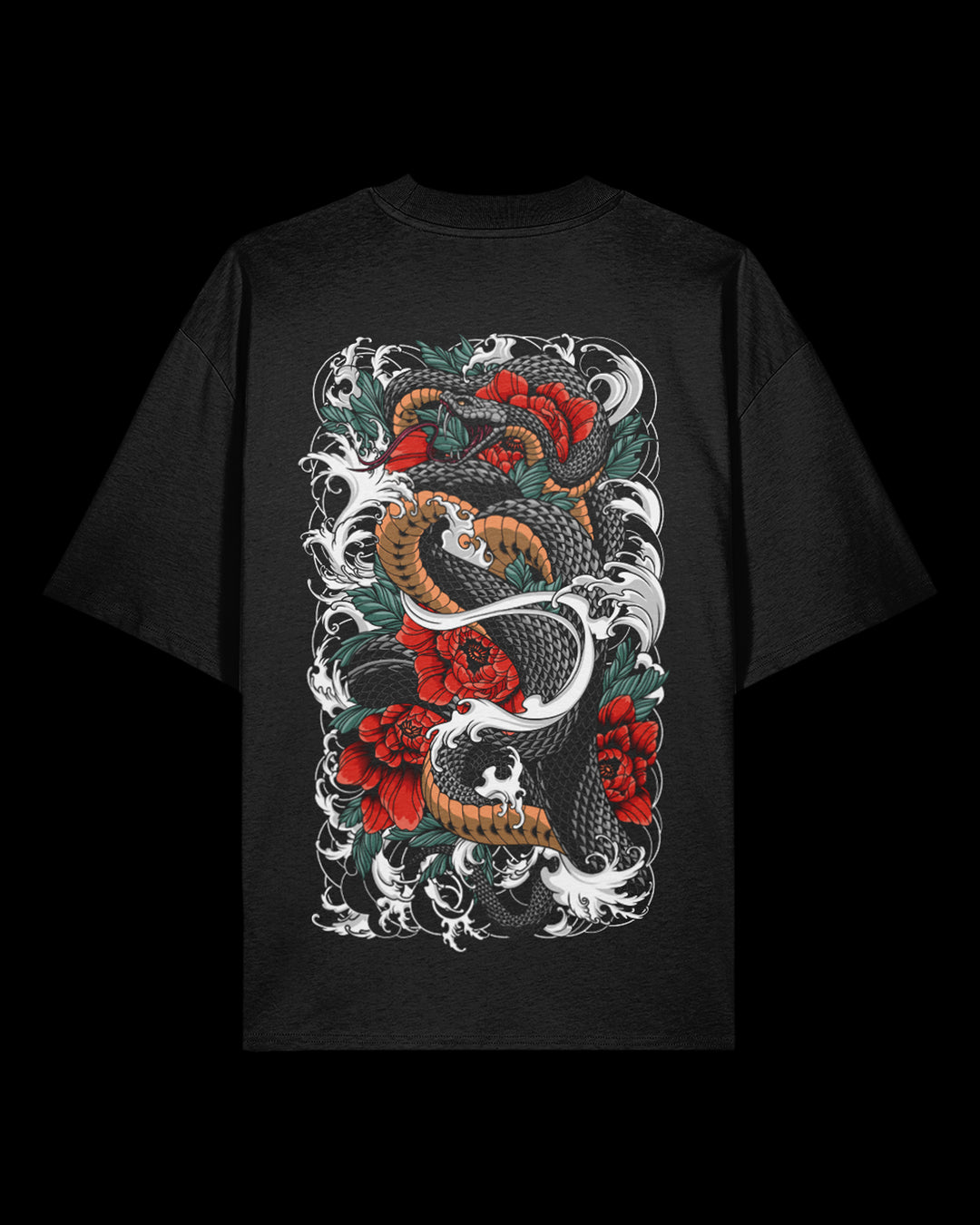 T-shirt featuring Japanese Irezumi-style artwork — Serpents Bloom Oversized Tee
