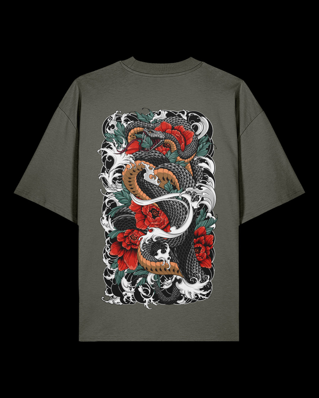 T-shirt featuring Japanese Irezumi-style artwork — Serpents Bloom Oversized Tee