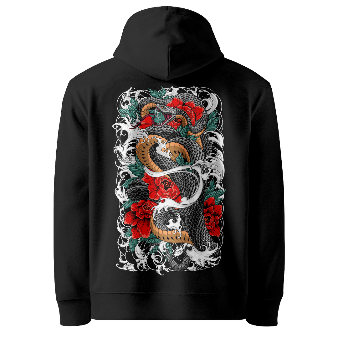 Serpents Bloom Tattoo Hoodie - Black