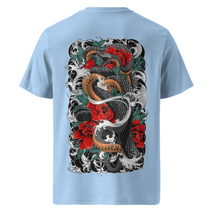 Serpents Bloom Blue Soul Midweight Tee – Light blue t-shirt featuring a bold Japanese Irezumi-style snake design entwined with vibrant red peonies and crashing waves. Premium organic cotton with a detailed back print.