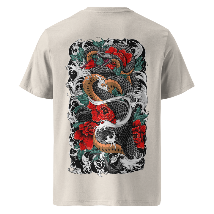 Serpents Bloom Natural Raw Tee – Back view of a natural raw-colored t-shirt featuring a detailed Japanese Irezumi-inspired design of a black and brown snake entwined with vibrant red peonies and crashing waves. Printed on premium organic cotton with a bold, artistic back print.