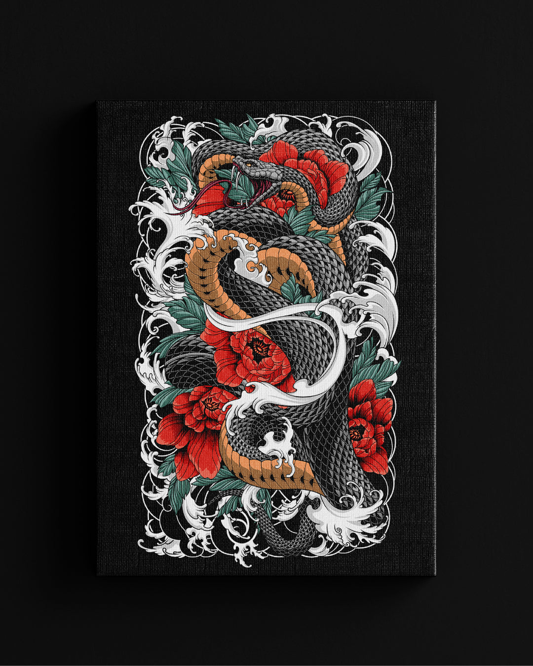 Decorative canvas wall art tattoo design with snakes and flowers on a black background