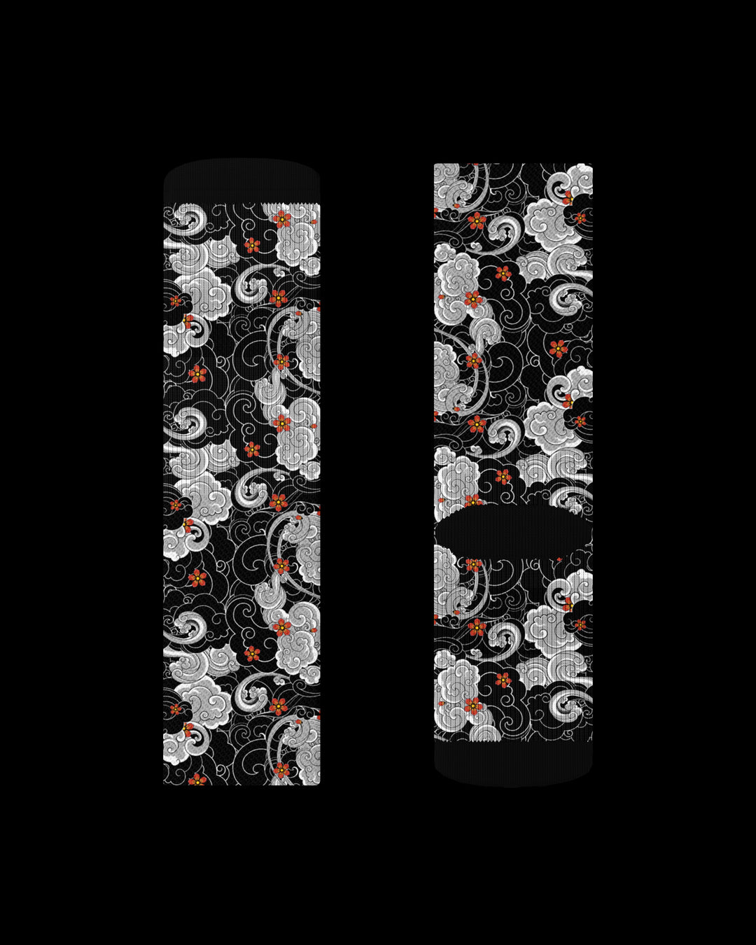 Pair of socks with a decorative pattern on a black background