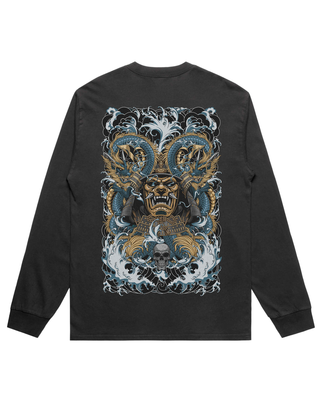 Shogun Tide long sleeve graphic T-shirt features original in-house artwork inspired by Irezumi Artistry. The design combines heavy influence, drawing from Japanese tattoo art, folklore and traditional illustration.