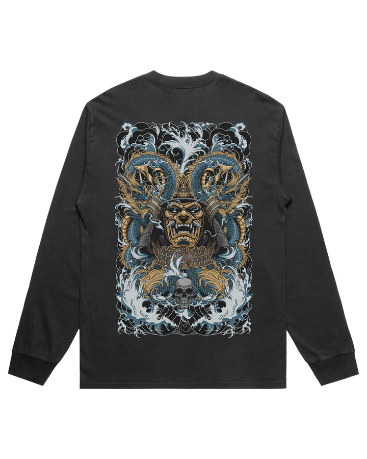 Shogun Tide long sleeve graphic T-shirt features original in-house artwork inspired by Irezumi Artistry. The design combines heavy influence, drawing from Japanese tattoo art, folklore and traditional illustration.