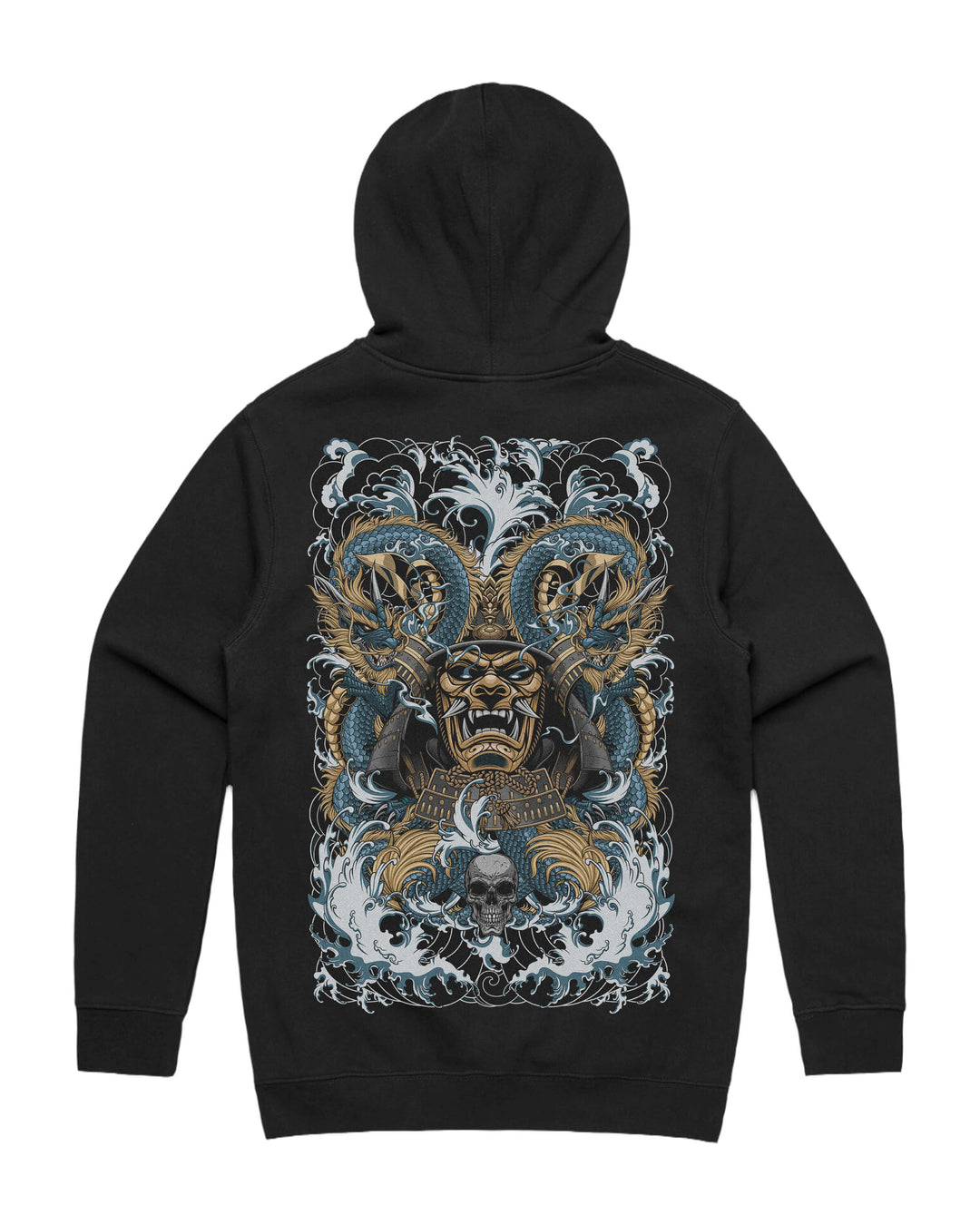 Black graphic hoodie with large irezumi samurai back print