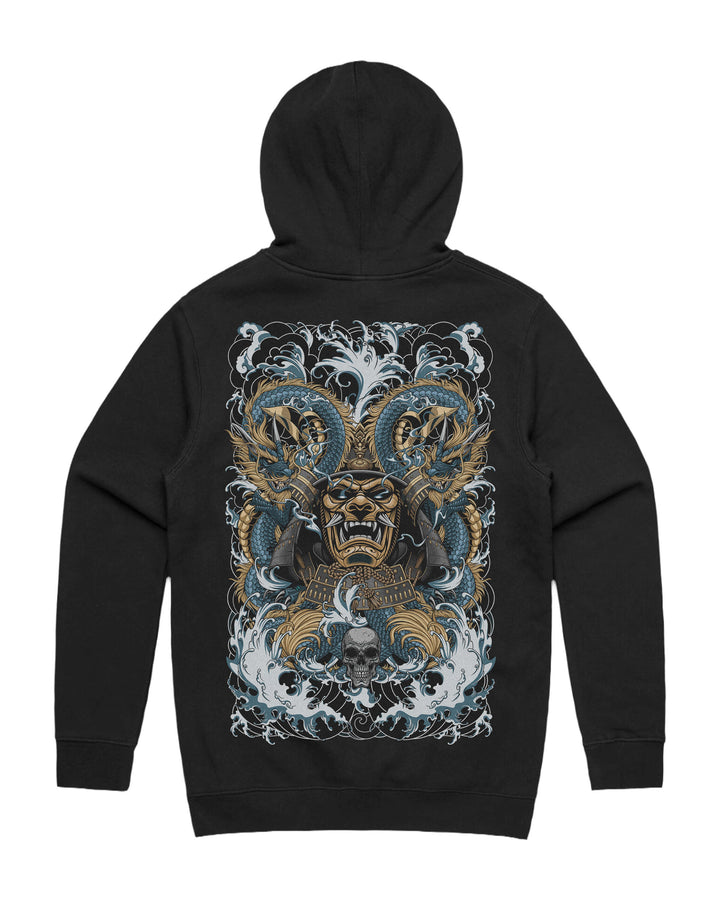 Black graphic hoodie with large irezumi samurai back print