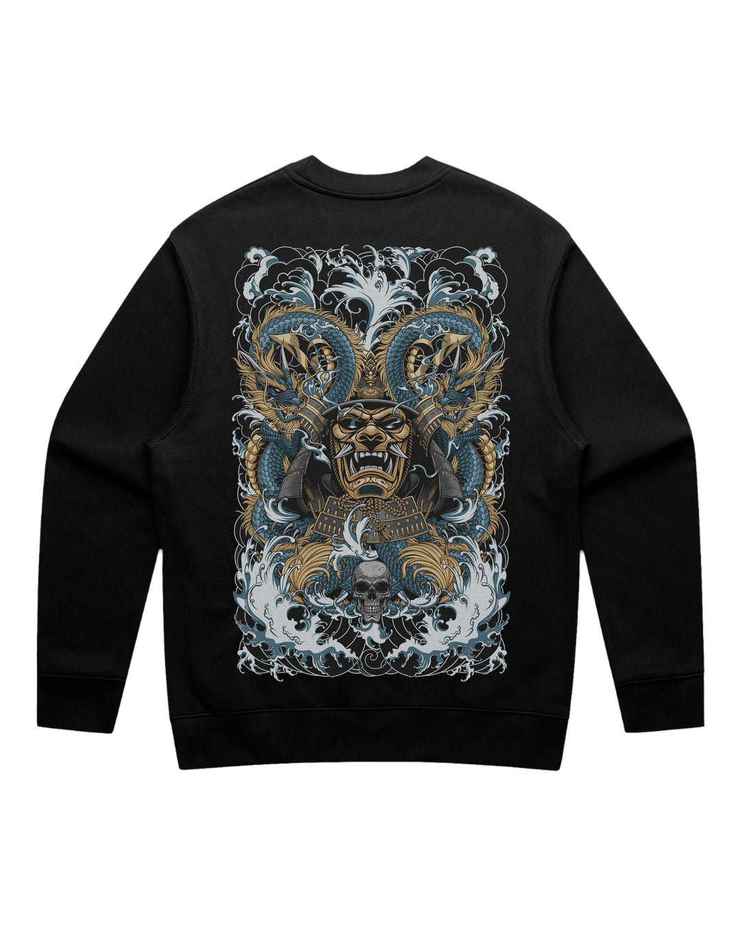 Black crewneck sweatshirt with irezumi samurai mask coiled by two dragons