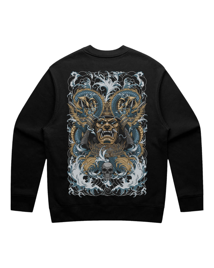 Black crewneck sweatshirt with irezumi samurai mask coiled by two dragons