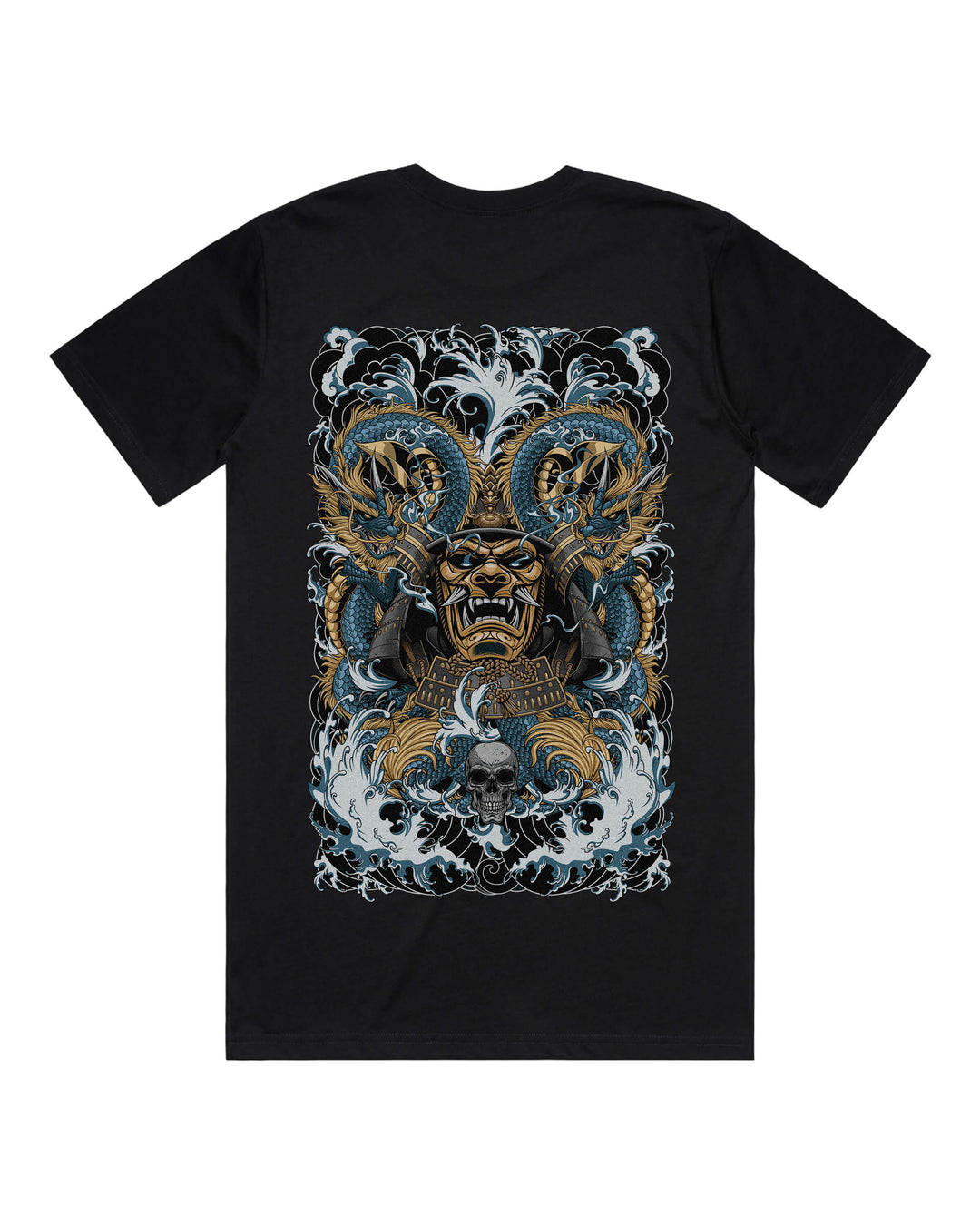 Black graphic t-shirt with a large powerful shogun surrounded by dragons and waves back print