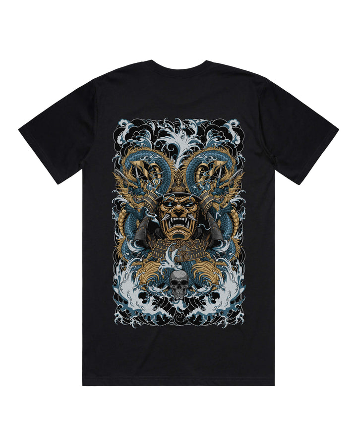 Black graphic t-shirt with a large powerful shogun surrounded by dragons and waves back print