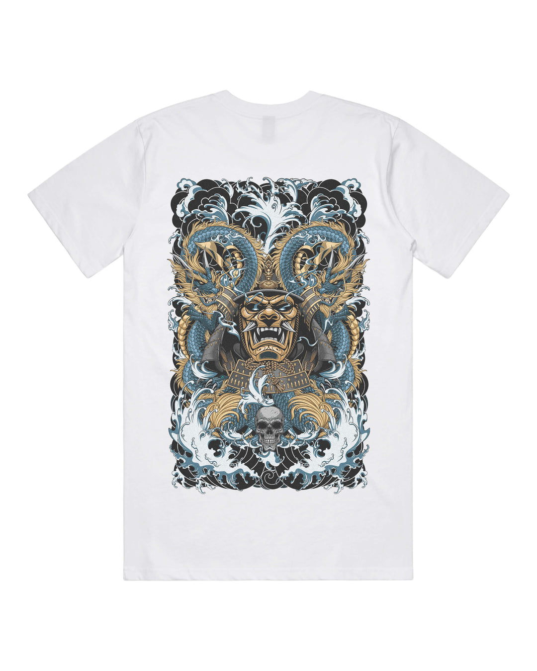 White graphic t-shirt with a large powerful shogun surrounded by dragons and waves back print