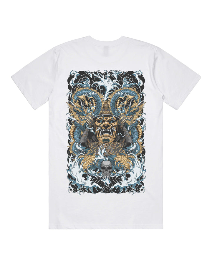 White graphic t-shirt with a large powerful shogun surrounded by dragons and waves back print