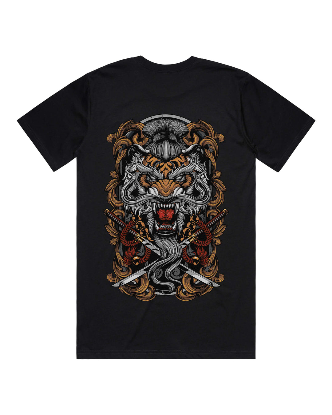 Black graphic t-shirt with large shogun tiger back print