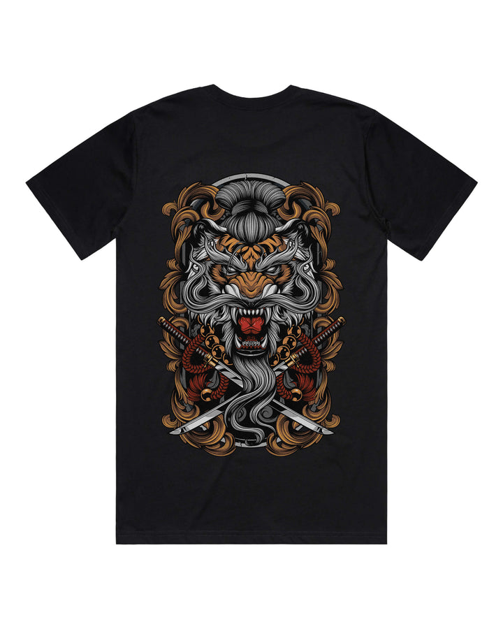 Black graphic t-shirt with large shogun tiger back print