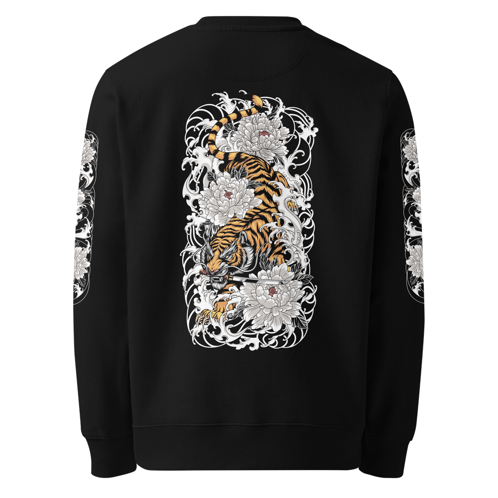 Back print of the Silent Descent 360 Graphic Sweatshirt in black, featuring a bold descending tiger with detailed clouded flower art.