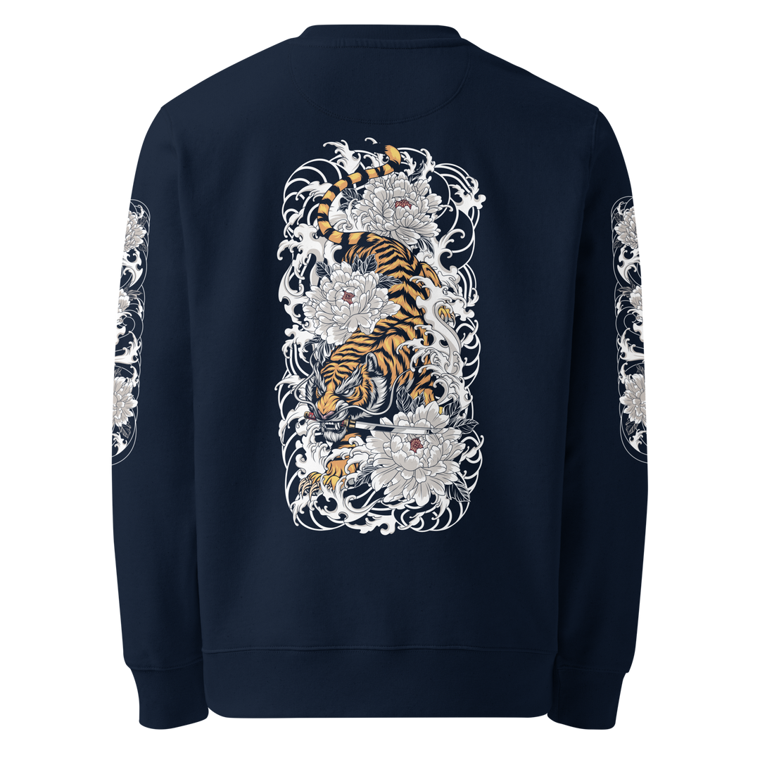 Back print of the Silent Descent 360 Graphic Sweatshirt in french navy, showcasing a detailed descending tiger surrounded by clouded flower art.