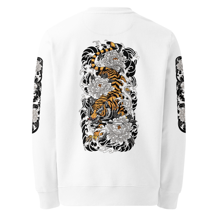 Back print of the Silent Descent 360 Graphic Sweatshirt in white, featuring a descending tiger with intricate clouded flower detailing.