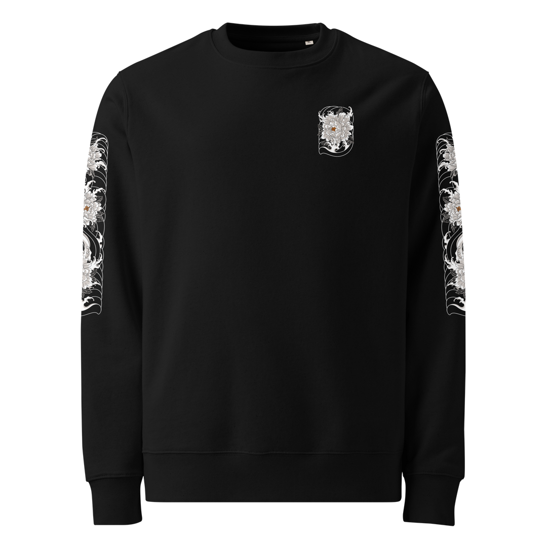 Left chest detail of the Silent Descent 360 Graphic Sweatshirt in black, featuring a clouded flower design with intricate line art.