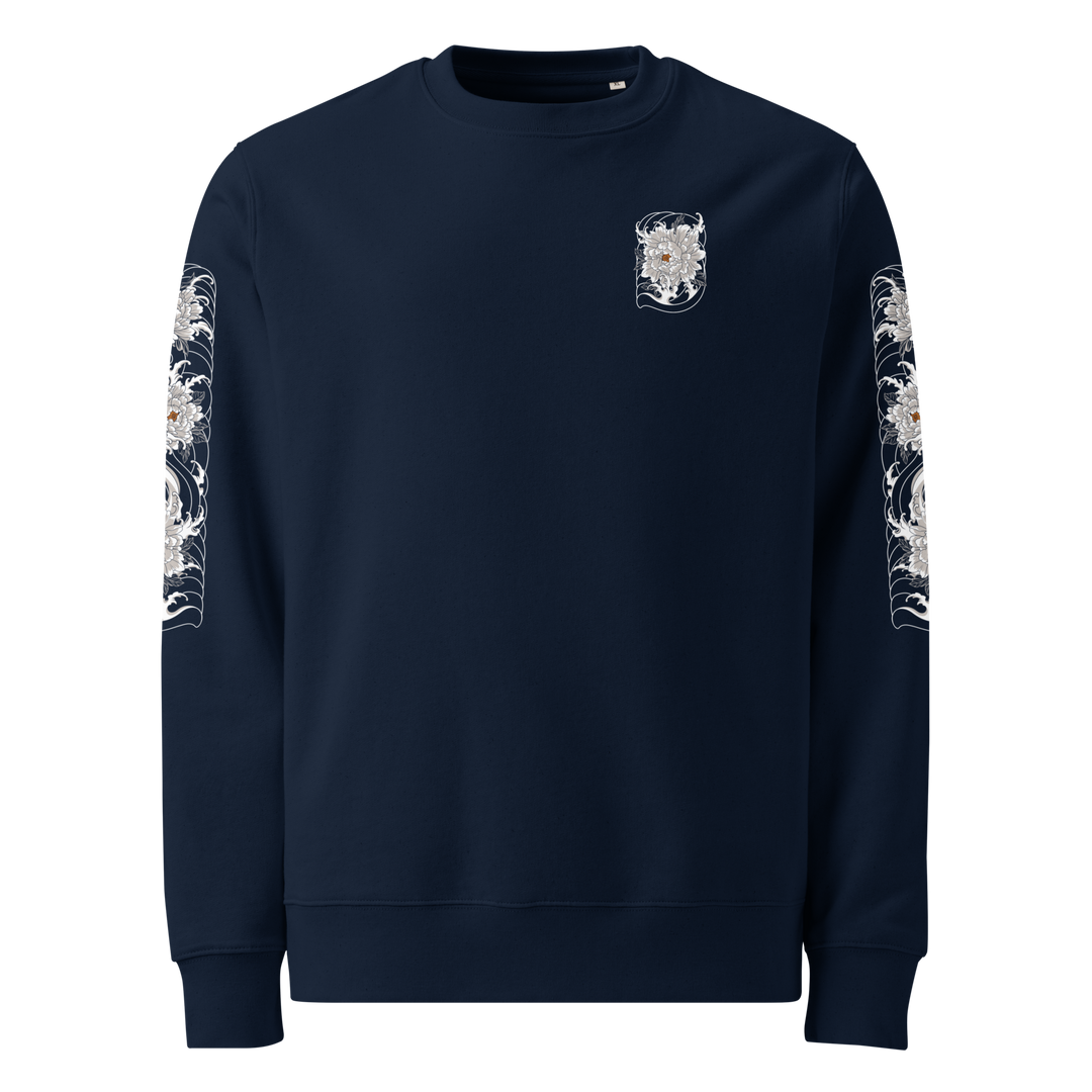 Left chest detail of the Silent Descent 360 Graphic Sweatshirt in french navy, showcasing a clouded flower design in traditional Irezumi style.