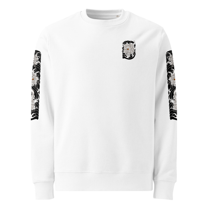 Left chest detail of the Silent Descent 360 Graphic Sweatshirt in white, featuring an intricately designed clouded flower motif.