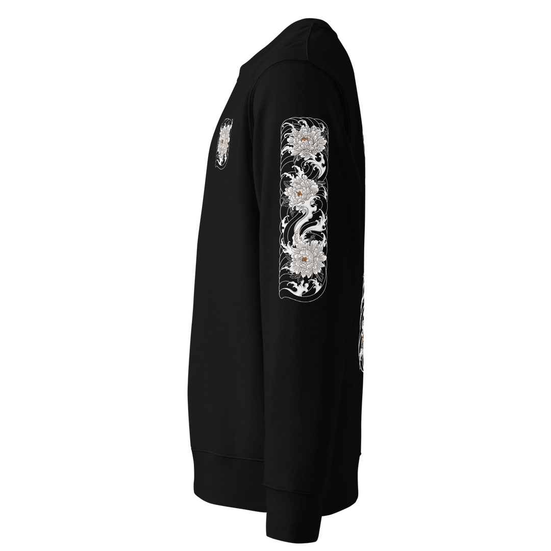 Left sleeve design of the Silent Descent 360 Graphic Sweatshirt in black, featuring detailed clouded flower art.