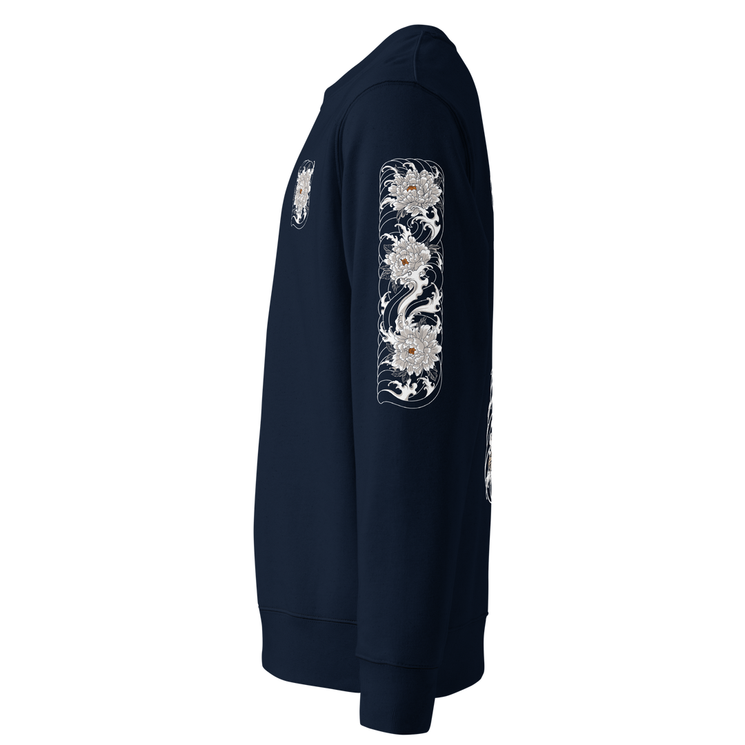 Left sleeve design of the Silent Descent 360 Graphic Sweatshirt in french navy, featuring intricate clouded flower art.