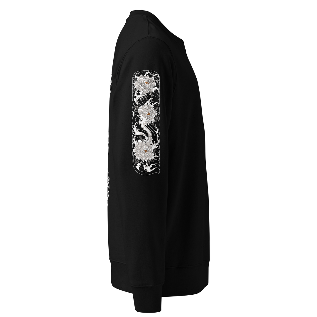 Right sleeve design of the Silent Descent 360 Graphic Sweatshirt in black, featuring detailed clouded flower art.