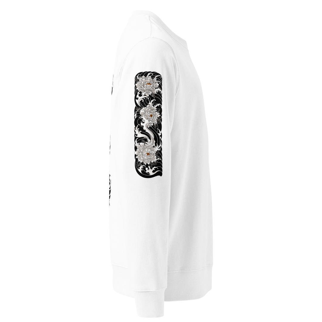 Right sleeve design of the Silent Descent 360 Graphic Sweatshirt in white, with detailed clouded flower artwork.