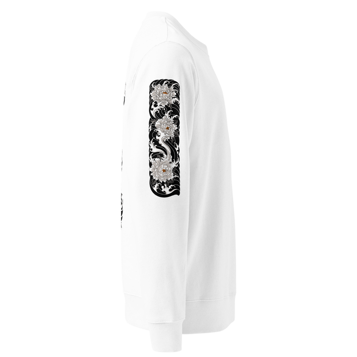 Right sleeve design of the Silent Descent 360 Graphic Sweatshirt in white, with detailed clouded flower artwork.