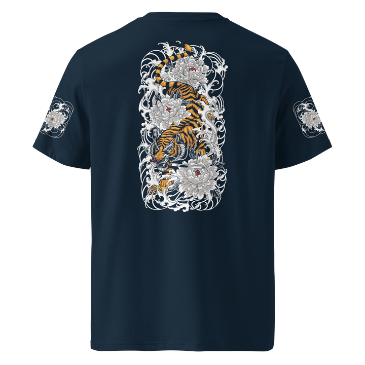 Silent Descent 360 Graphic T-Shirt back view in French navy featuring a detailed descending tiger design.