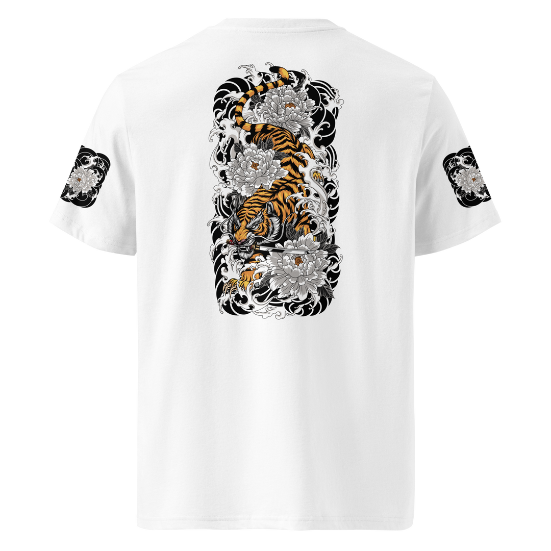 Silent Descent 360 Graphic T-Shirt back view in white featuring a detailed descending tiger design.