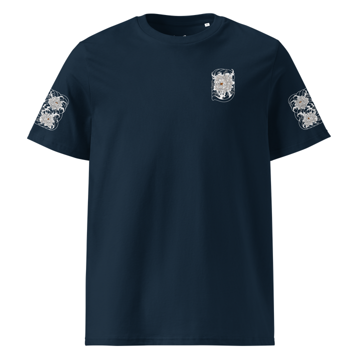 Silent Descent 360 Graphic T-Shirt front view in French navy featuring a clouded flower design on the left chest.