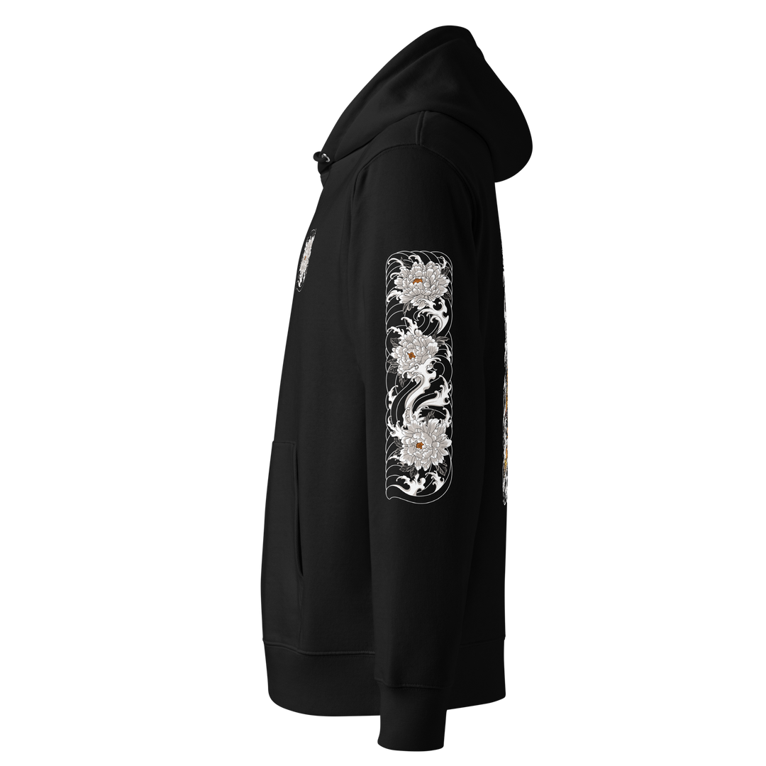 Silent Descent Graphic Hoodie left sleeve design in black