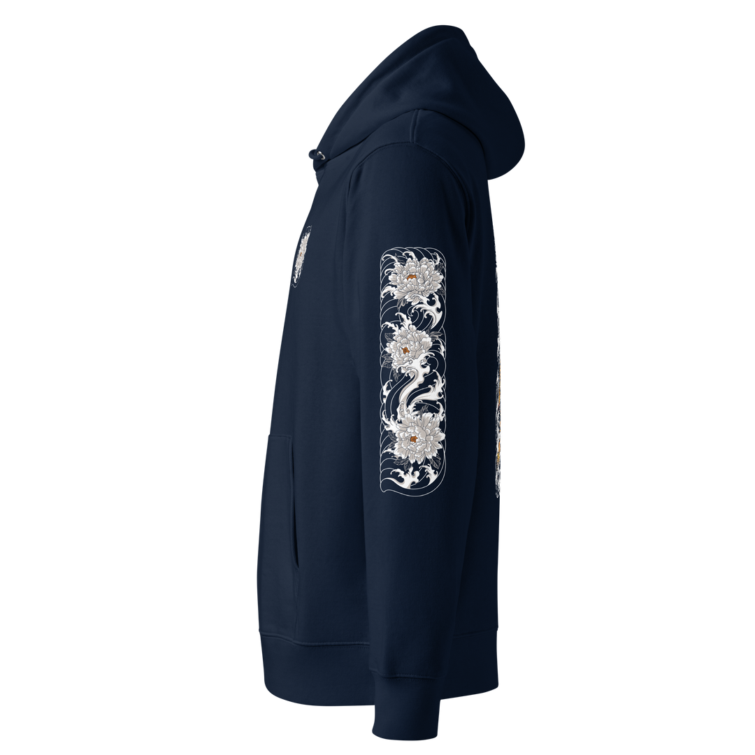 Silent Descent Graphic Hoodie left sleeve design in French navy