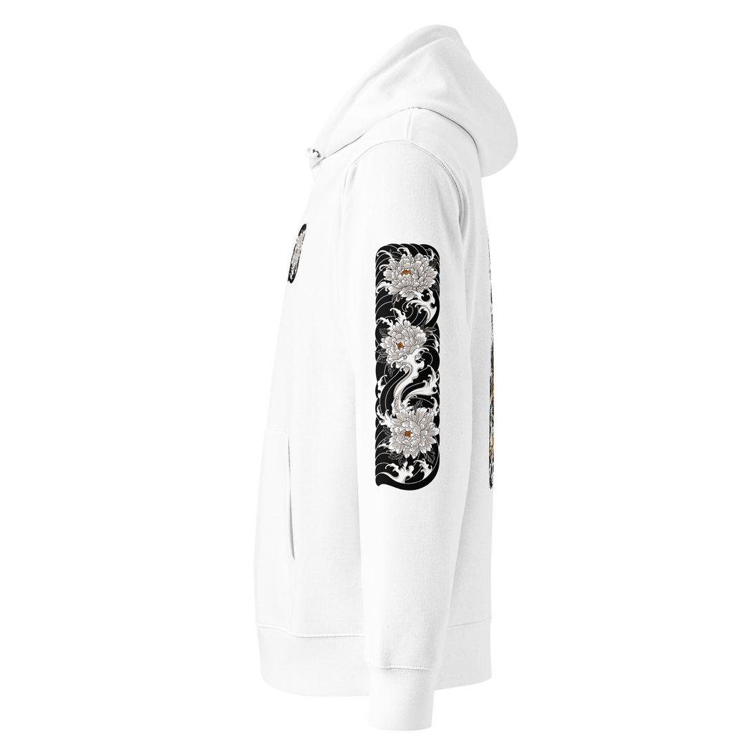 Silent Descent Graphic Hoodie left sleeve design in white