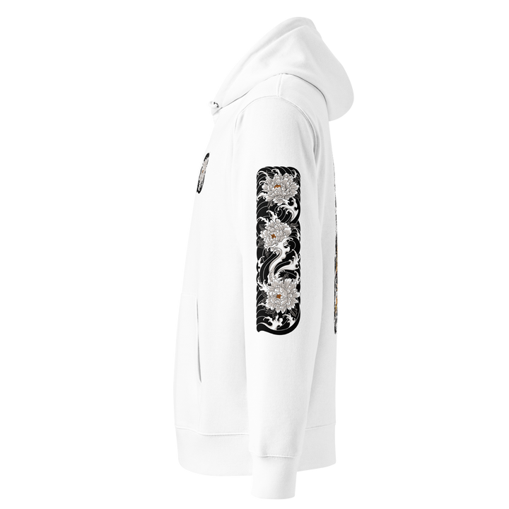 Silent Descent Graphic Hoodie left sleeve design in white