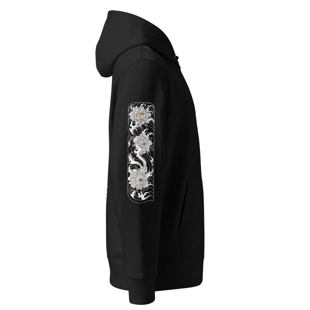 Silent Descent Graphic Hoodie right sleeve design in black