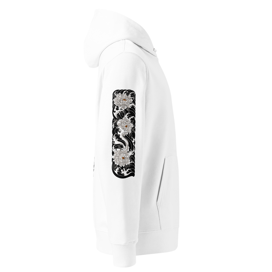 Silent Descent Graphic Hoodie right sleeve design in white