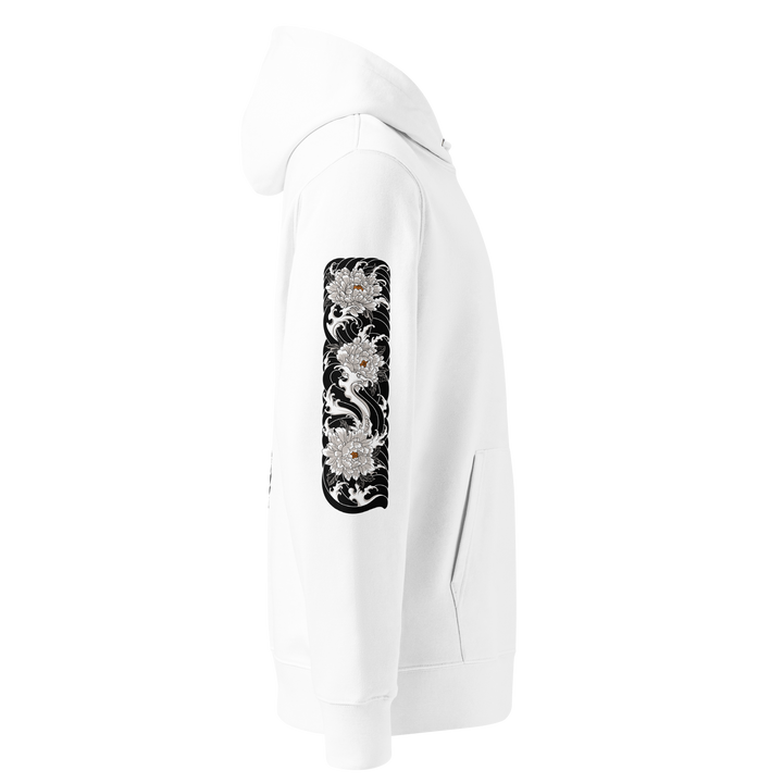 Silent Descent Graphic Hoodie right sleeve design in white