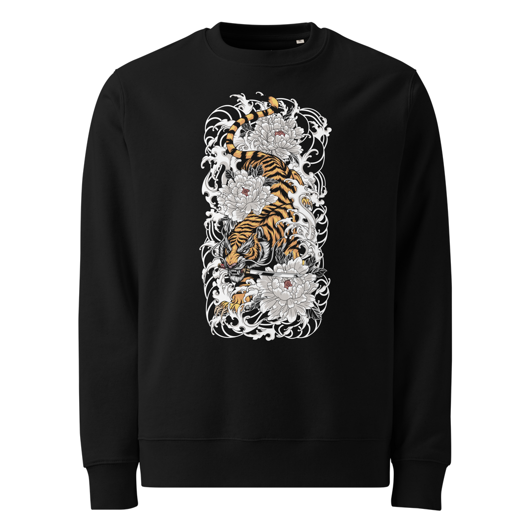 Black Silent Descent Graphic Sweatshirt featuring a tiger with a katana, inspired by Japanese Irezumi tattoo art