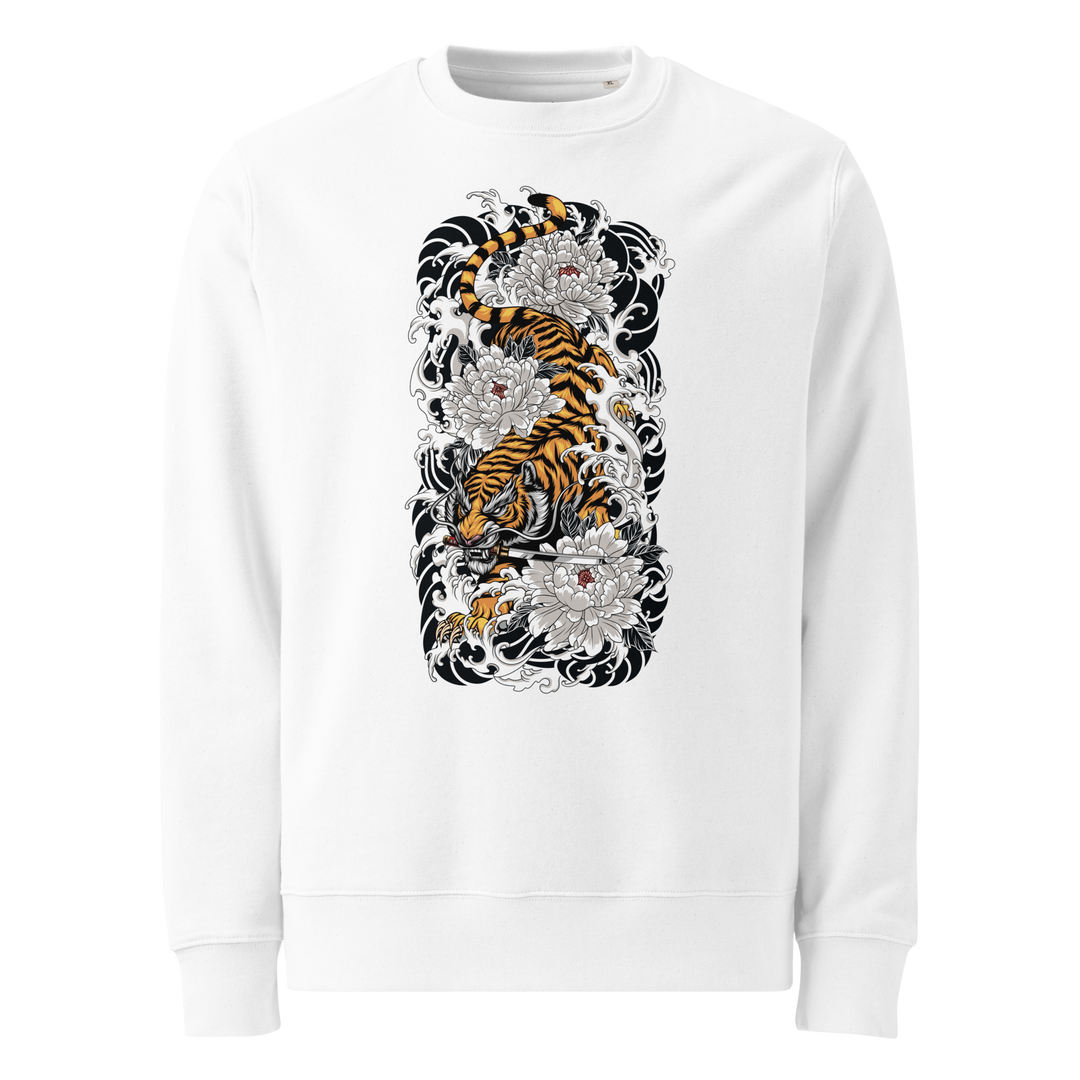 White Silent Descent Graphic Sweatshirt with a tiger and katana design, blending Japanese tattoo art with streetwear fashion