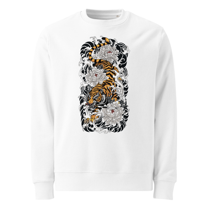 White Silent Descent Graphic Sweatshirt with a tiger and katana design, blending Japanese tattoo art with streetwear fashion