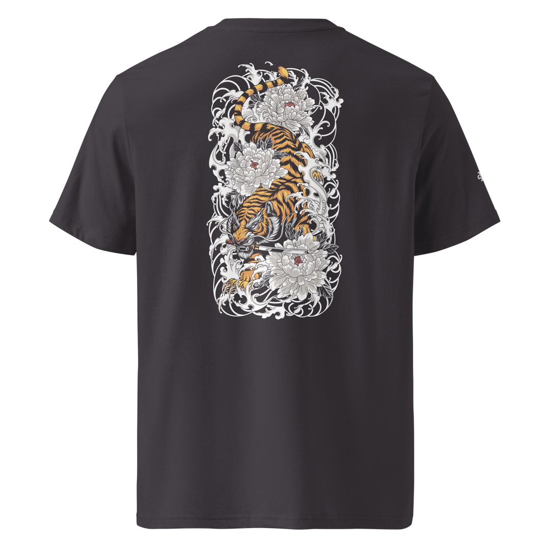 Anthracite Silent Descent Graphic Tee with a back print of a tiger and floral motifs, blending Japanese tattoo art with modern streetwear