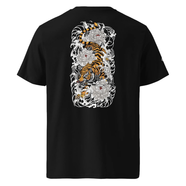 Black Silent Descent Graphic Tee featuring a back print of a tiger with a katana, inspired by Japanese Irezumi art