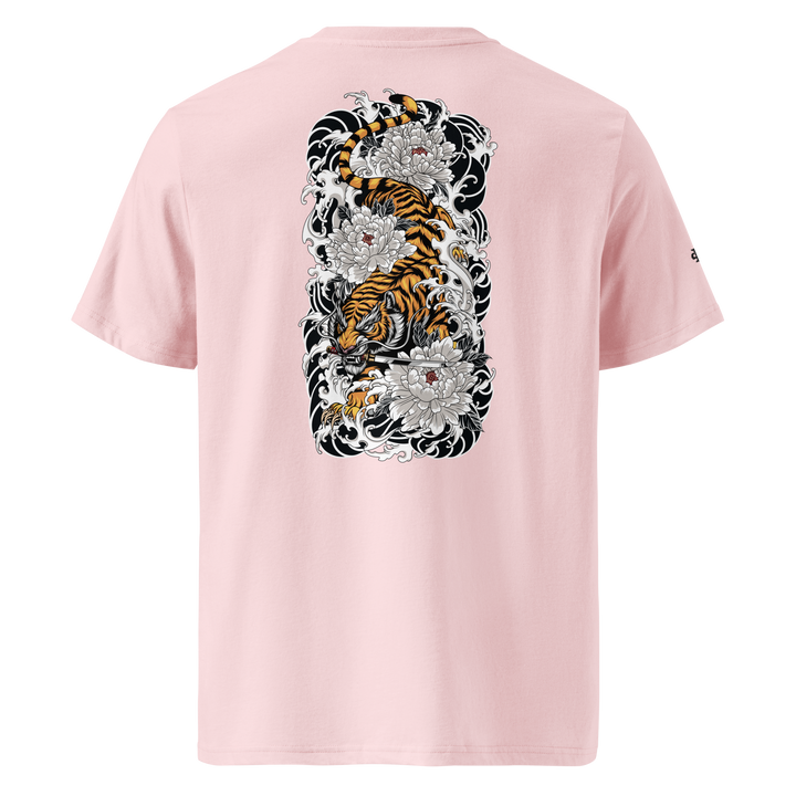 Cotton Pink Silent Descent Graphic Tee featuring a back print of a tiger gripping a katana, inspired by Japanese Irezumi art