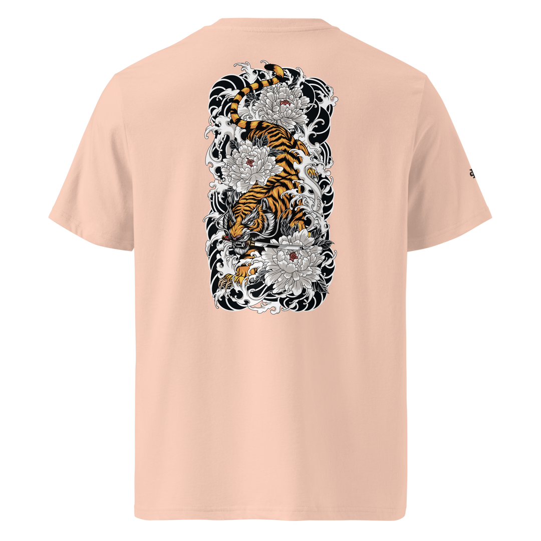 Fraiche Peche Silent Descent Graphic Tee with a detailed back print of a tiger and floral designs, blending Japanese Irezumi symbolism with streetwear fashion