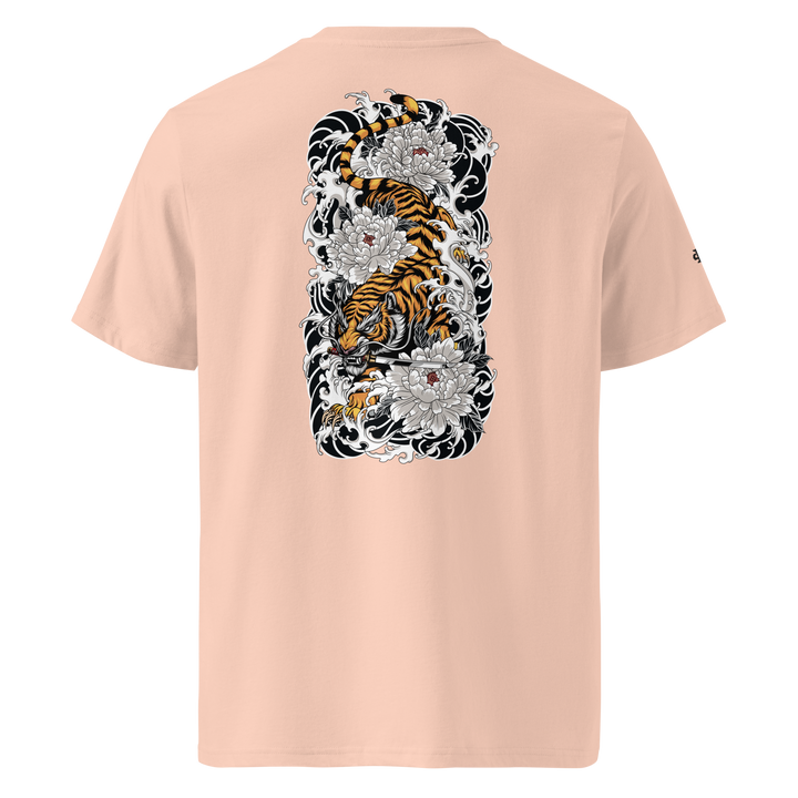 Fraiche Peche Silent Descent Graphic Tee with a detailed back print of a tiger and floral designs, blending Japanese Irezumi symbolism with streetwear fashion