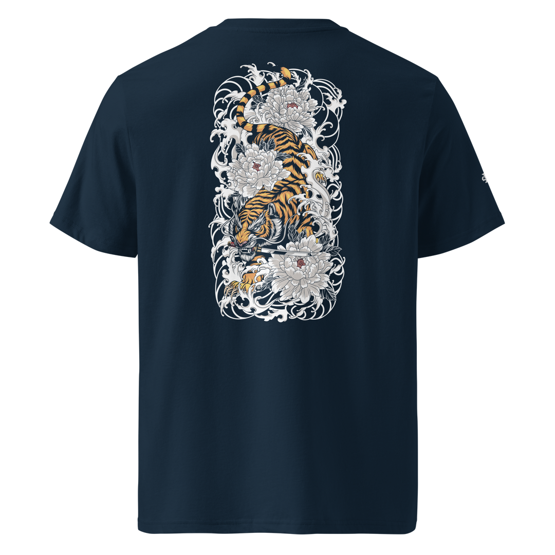 French Navy Silent Descent Graphic Tee featuring a detailed back print of a tiger and floral motifs, inspired by Japanese tattoo art