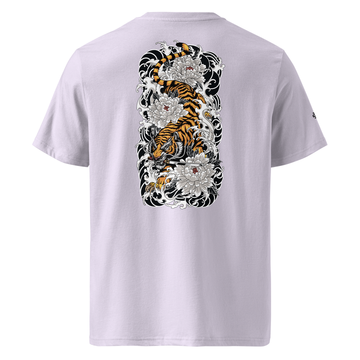 Lavender Silent Descent Graphic Tee featuring a back print of a tiger gripping a katana, inspired by traditional Japanese tattoo art